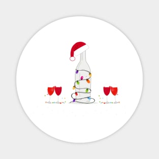 Christmas champagne bottle with colorful light bulb and Santa Claus hat. Wine glass and cocktail party Magnet